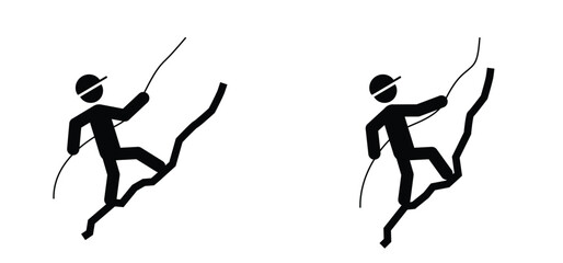 Stickman mountaineering, climbing icon or symbol. Actifity, extreme sports. climb the mountain. Travel sport. Stick figures man climbing mountain. Hiking man silhouette. Travel, trekking route,