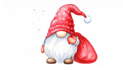 Cute watercolor Christmas gnome holding a gift bag illustration.