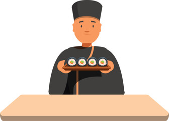 Sushi chef serving fresh maki rolls on a wooden tray, showcasing traditional japanese cuisine