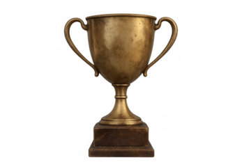 Champion gold trophy representing achievement, success, competition, and victory with a vintage finish on transparent background