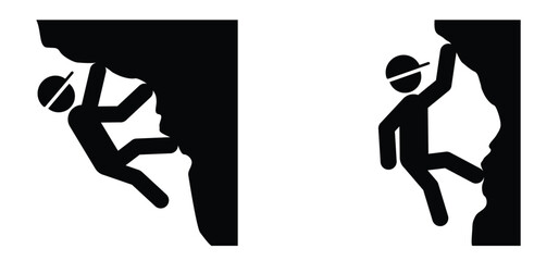 Stickman mountaineering, climbing icon or symbol. Actifity, extreme sports. climb the mountain. Travel sport. Stick figures man climbing mountain. Hiking man silhouette. Travel, trekking route,