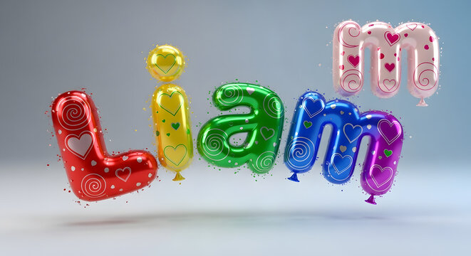 Colorful liam name balloons floating in studio against a soft blue gradient background