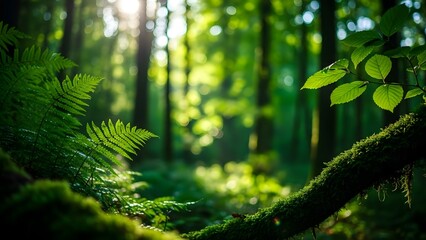 Fototapeta premium Dappled sunlight in a lush green forest with vibrant ferns and mossy branches, creating a serene natural landscape.