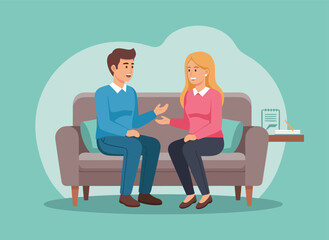 Man and woman communicating on sofa, discussing, sharing ideas