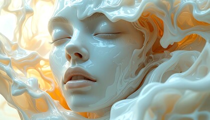 Dreamy porcelain-skinned woman with flowing, glossy tendrils around her face, illuminated with a golden glow