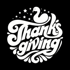 White Thanksgiving text with turkey and stars on black