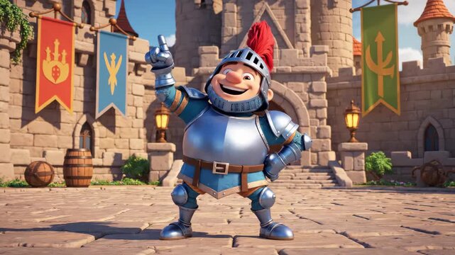 Animated Knight Character in a Medieval Town Square Joyful Dance Sequence, happy and fun