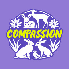 White vector silhouettes of animals and flowers with compassion text