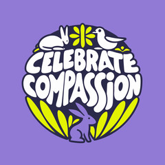 White vector silhouettes of animals and text on purple