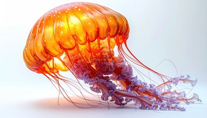 Vivid orange jellyfish floats, light catches its form