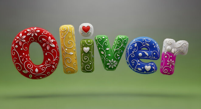 Colorful and festive balloon letters spelling out the name oliver floating in air - Powered by Adobe