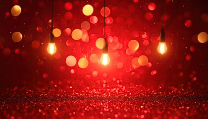 Festive red bokeh lights and vintage illuminated bulbs background.