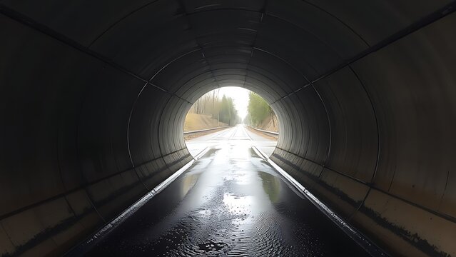 undernourishment. A concrete drainage pipe under a road, wet interior with dripping water, tunnel perspective. real-estate listings.