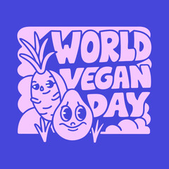 World Vegan Day text with cheerful cartoon carrot and onion