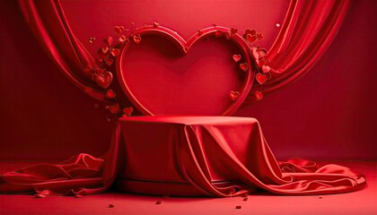 Elegant Red Podium Stage with Heart Arch and Romantic Drapes.