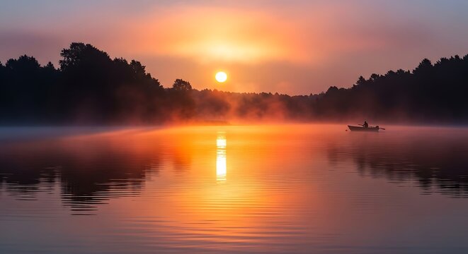 Serene sunrise over misty lake with lone rower creating a peaceful and reflective scene, perfect for relaxation and mindfulness content