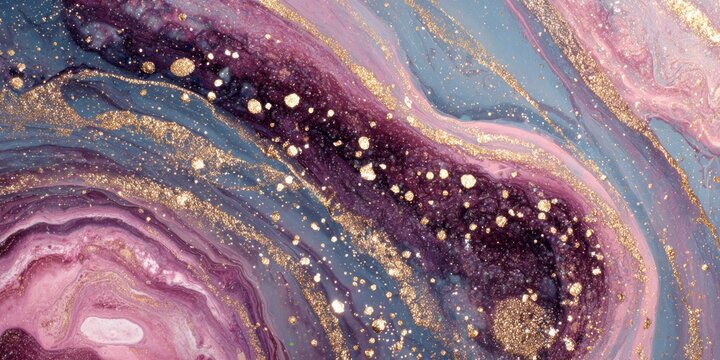 Swirling layers of magenta, indigo, and teal fluid art exhibit shimmering gold metallic accents - Powered by Adobe