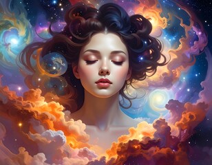 Dreamy portrait of a woman surrounded by cosmic nebulae, stars, and swirling clouds, eyes closed in peaceful meditation