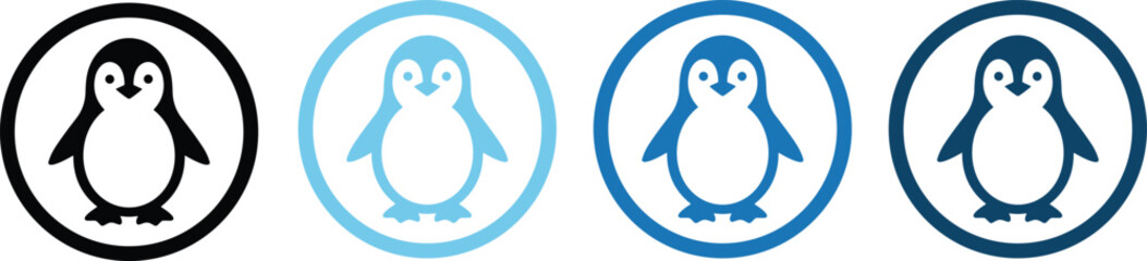 Penguin icon set, stylized animal, color variation, cute bird, wildlife symbol, arctic creature, graphic design, branding element, nature theme, playful illustration