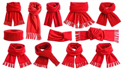 Collection of Red Winter Scarves and Headbands with Fringe Details.