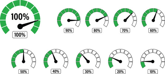 Progress icons, gauge, percentage, completion, performance, indicator, meter, dashboard, needle, visual data, status, analytics, report, metric