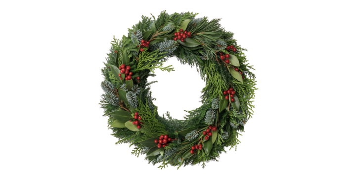 Festive christmas wreath with red berries isolated on transparent background