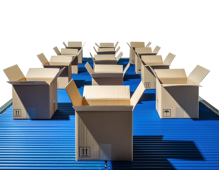 Multiple open cardboard boxes arranged in a row on a blue conveyor belt in a warehouse. Transparent background