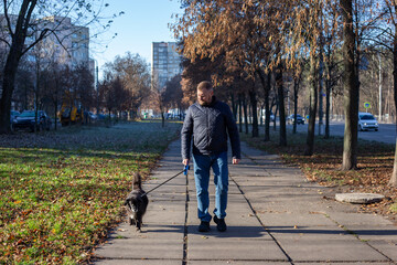 A man walking his border collie dog on a sunny autumn day in a city park. Fallen leaves cover the...