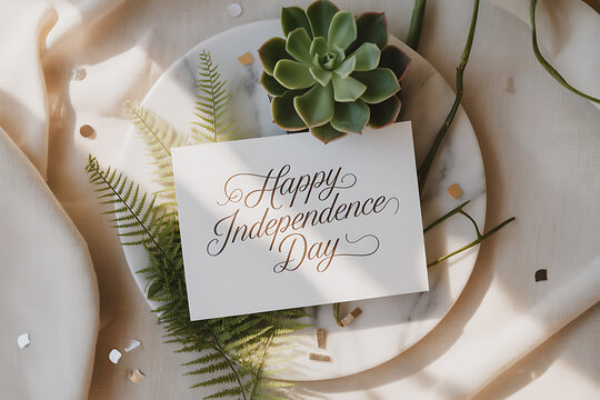 Charming Happy Independence Day card with succulent and fern accents creating a warm, celebratory atmosphere perfect for festive greetings and patriotic themes