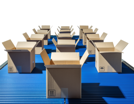 Multiple open cardboard boxes arranged in a row on a blue conveyor belt in a warehouse. Transparent background