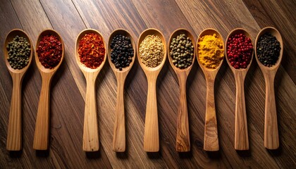 Diverse spices fill spoons arranged on a textured wooden surface, showcasing rich colors and culinary variety