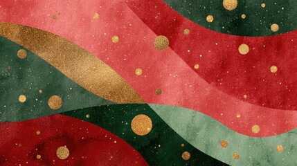 Abstract holiday design with wavy shapes, reds, greens, and gold dots