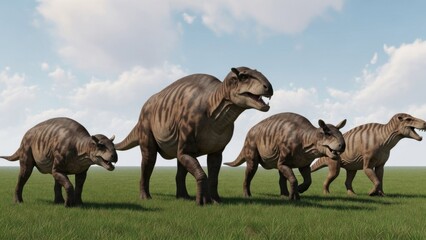 A herd of Scutosaurs grazing peacefully on a bright day in prehistoric era landscape