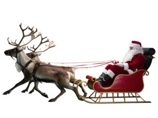 Reindeer pulling Santa's sleigh through the winter sky before Christmas.. Transparent background