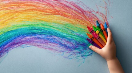 Child's hand holds crayons over a rainbow drawing