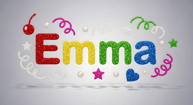 Sparkling glitter letters spell out the name emma with festive confetti and decorations