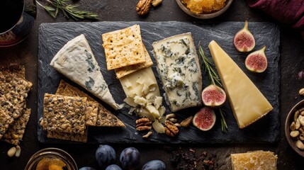 Assorted cheeses, crackers, and figs on slate board
