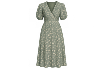 Green floral pattern women's wrap dress with puff sleeves, elegant summer fashion clothing on transparent background