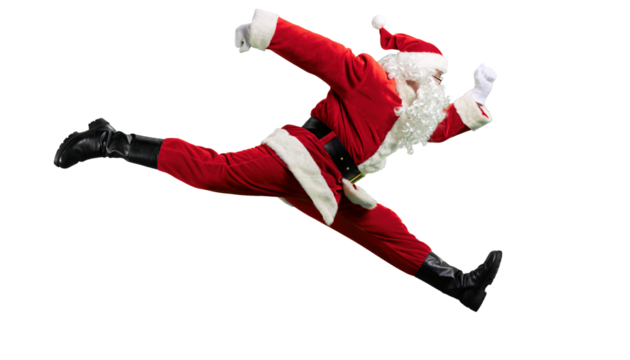 Santa Claus jumps joyfully through the air in a festive pose during the holiday season. Transparent background
