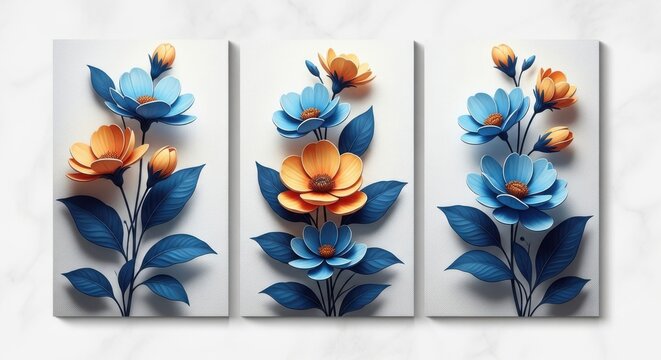 Three panel triptych wall art featuring textured blue and orange flowers on white background