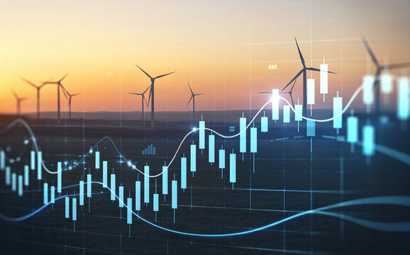 Financial Stock Market Graph Overlay on Wind Turbine Farm at Sunset