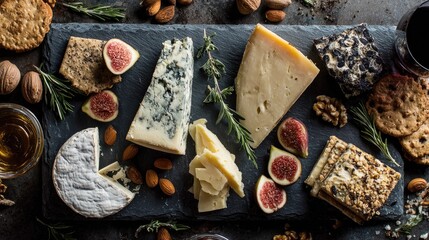 Assorted cheeses, figs, crackers, nuts on slate board