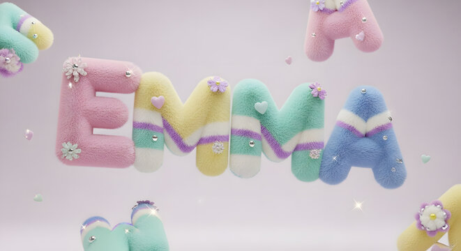 Soft pastel colored plush alphabet letters spelling out the name emma