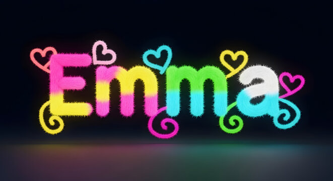 Bright and colorful neon sign spelling out the name emma with hearts and swirls - Powered by Adobe