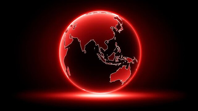 Glowing red orb depicting Earth's continents against a dark backdrop.  A red light emanates from below