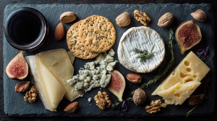 Gourmet cheese platter with crackers, nuts, and figs