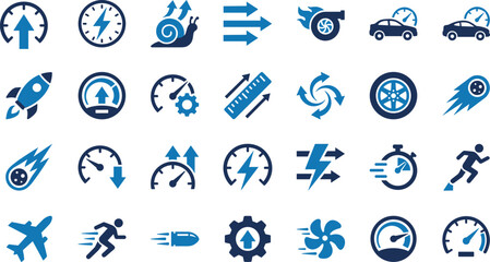 Speed icons, motion visuals, performance symbols, acceleration, fast movement, slow motion, rocket, runner, stopwatch, gear, car, arrow, turbine, airplane, bullet © Mst