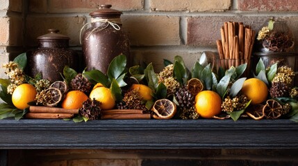 Autumnal mantel display with oranges, cinnamon, and pine cones