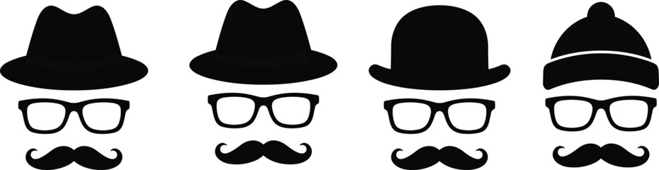Stylized face icons, hat glasses mustache, gentleman symbols, fashion accessories, retro design, vector set, personality graphics, minimal style