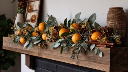 Autumnal garland on a wooden mantelpiece